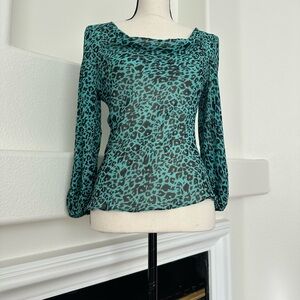 Nicole Miller Teal and Black Leopard Print 100% Silk Cowl Neck Blouse Size S